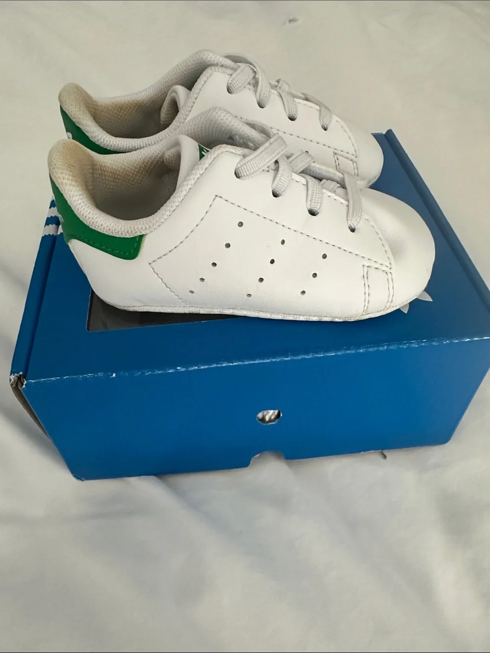adidas Kids White Leather Sneakers with Green Tongue Logo